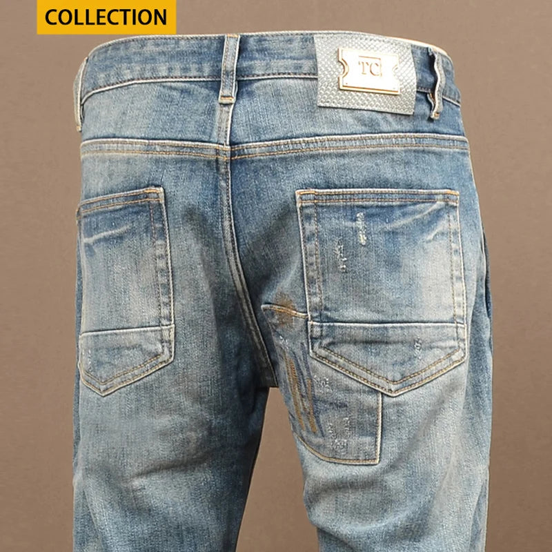 Premium Men's Embroidered Ripped Jeans – Retro Stretch Slim Fit Denim Pants