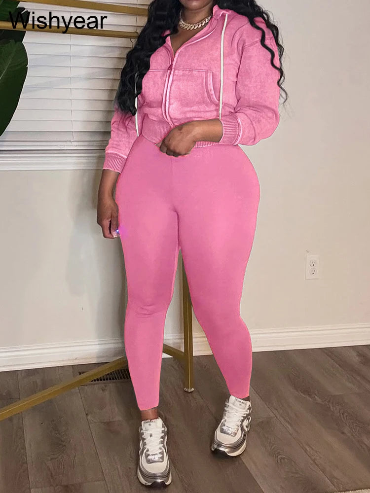 Women's Autumn Quality Washed Stretch Hooded 2-Piece Set Long Sleeve Jacket Crop Top with Leggings Warm Winter Outfit Sportswear