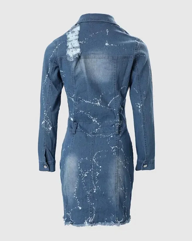 CPSYMYM Women's Dresses Spring Ink Splash Ripped Raw Hem Button Front Casual Turn-Down Collar Long Sleeve Mini Denim Dre