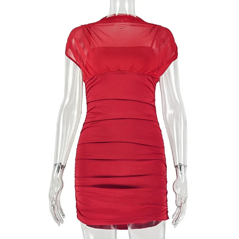 Turtleneck Short Sleeve Pleated Waistband Bodycon Hips Wrapped Mini Dress, Solid Color