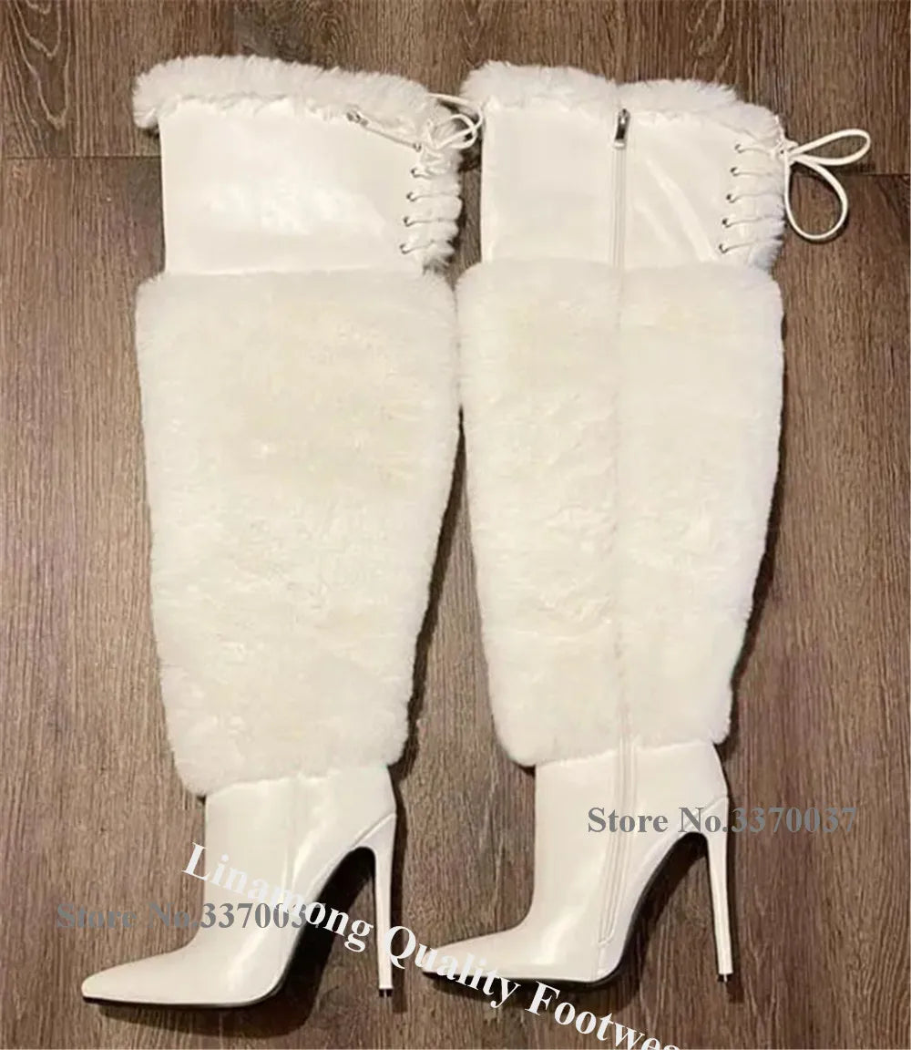 Linamong Warm Fur Patchwork Stiletto Heel Over Knee Boots Pointed Toe White Back Lace-up Thin Heel Long Boots Winter Boots