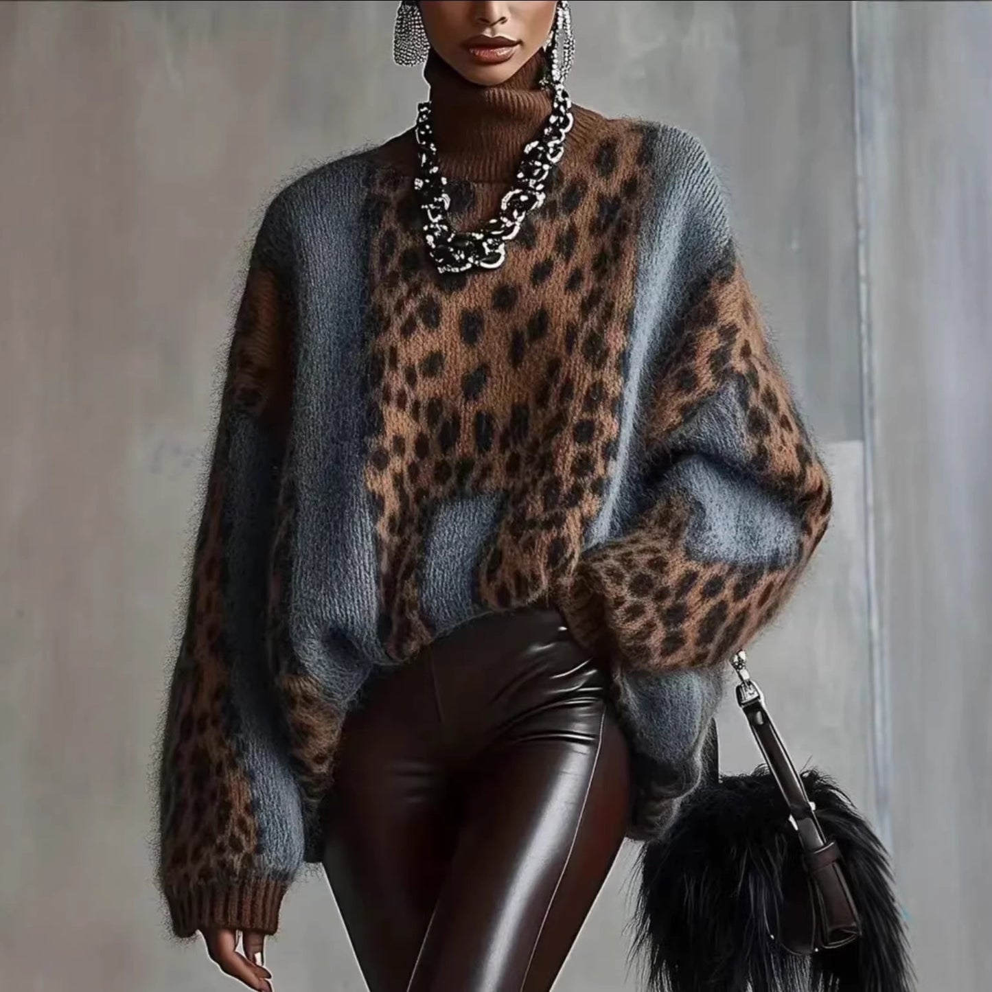 European and American Cross-Border Lazy Style Leopard Print Knitted Sweater for Women, Autumn and Winter Thickened Outerwear, Loose Retro Patchwork Top for Women