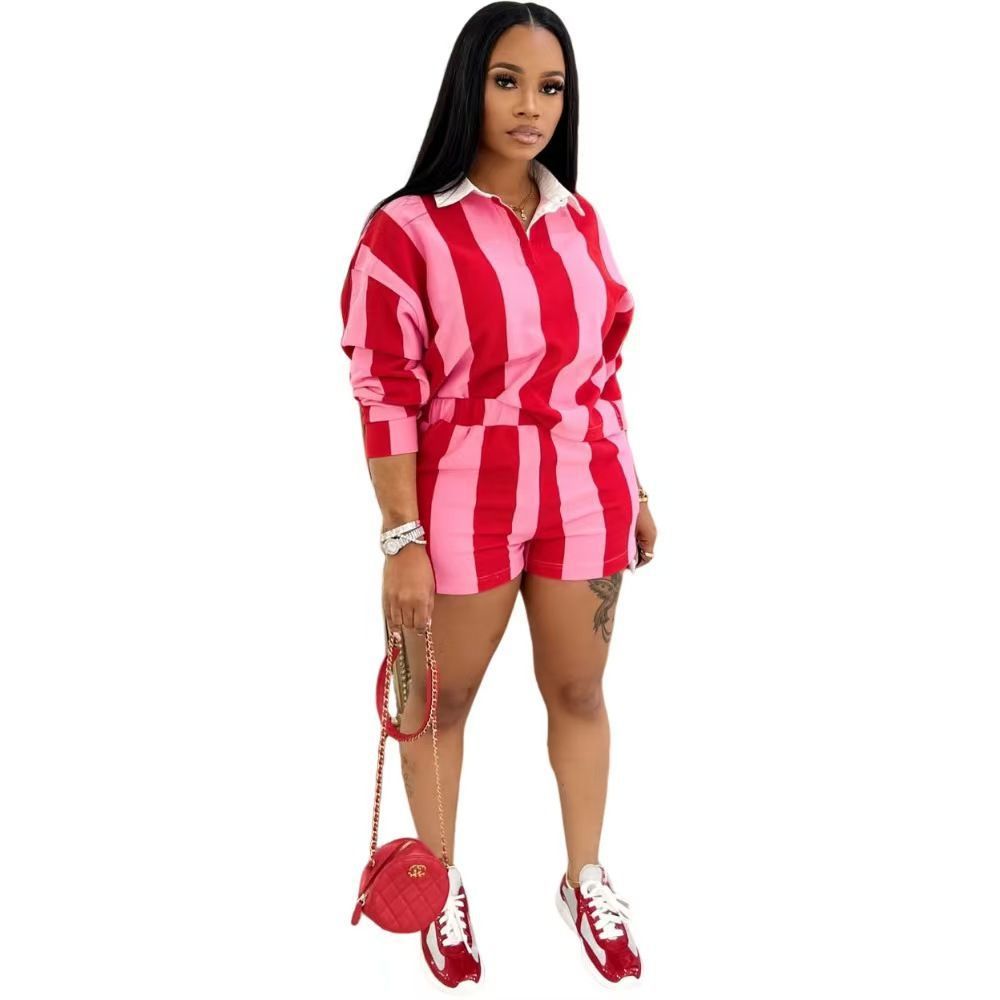 2025 Spring European and American Women's New Fashion Casual Striped Lapel Top High-Waisted Shorts Set