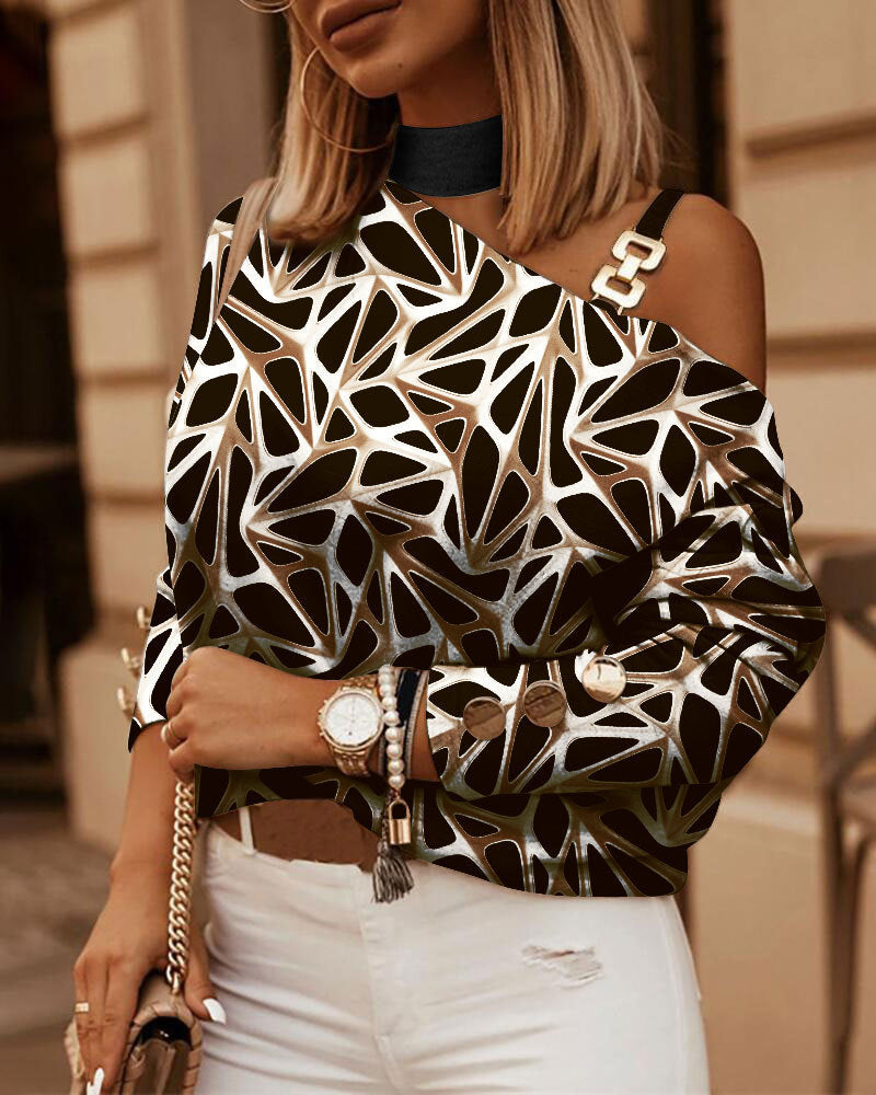2023 Independent Station wish Amazon Explosions Autumn and Winter Long Sleeve Chain Neck Printing Button Decorative Jacket for Women