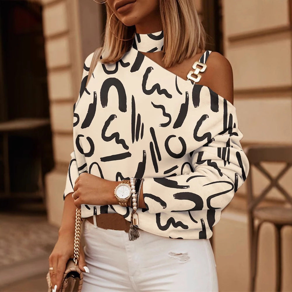 2023 Independent Station wish Amazon Explosions Autumn and Winter Long Sleeve Chain Neck Printing Button Decorative Jacket for Women