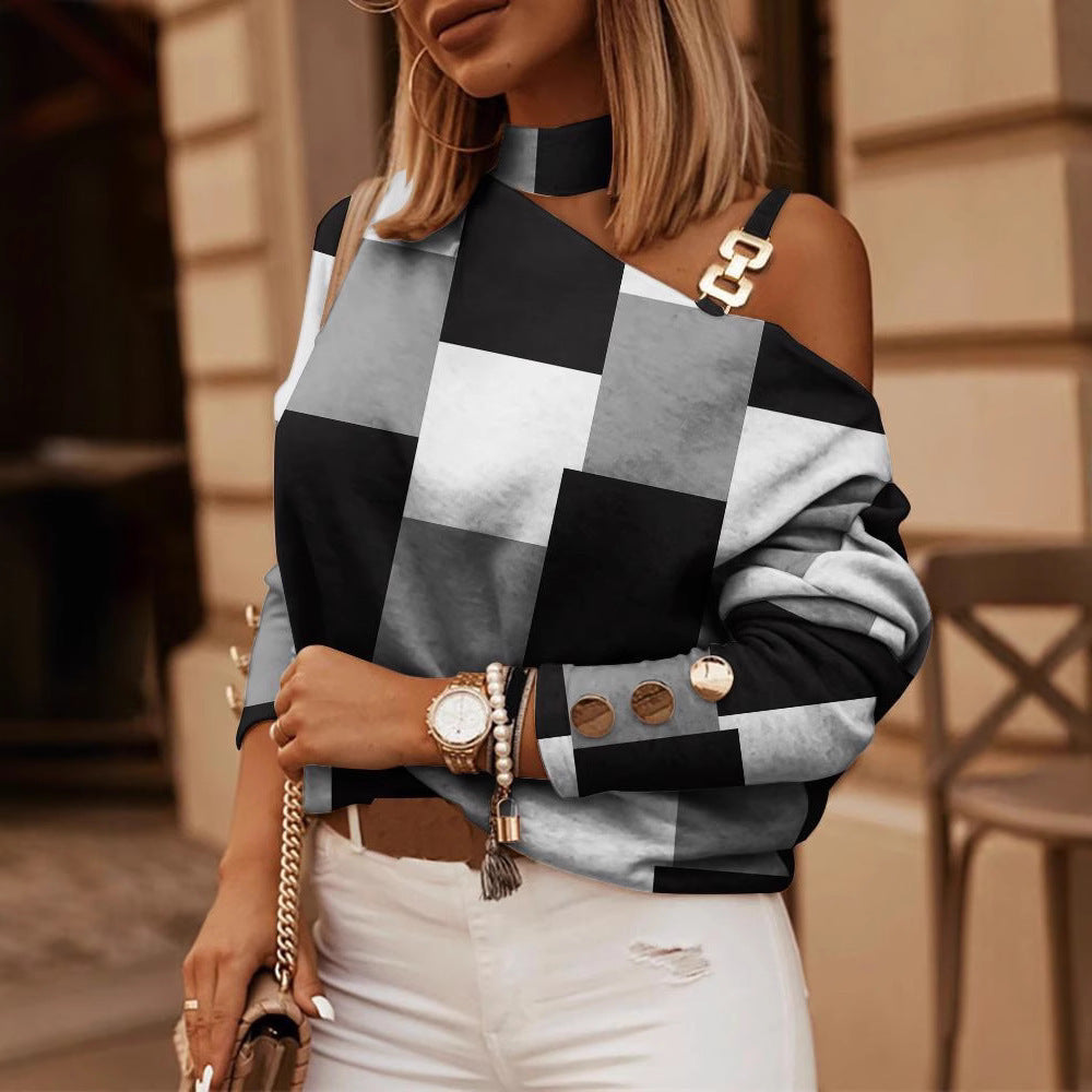 2023 Independent Station wish Amazon Explosions Autumn and Winter Long Sleeve Chain Neck Printing Button Decorative Jacket for Women