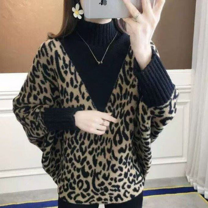 Dropshipping Autumn and Winter New Fashion Fake Two-Piece Sweater for Women, Loose, Slim and Thick, Lazy Style Bat-Sleeve Knitted
