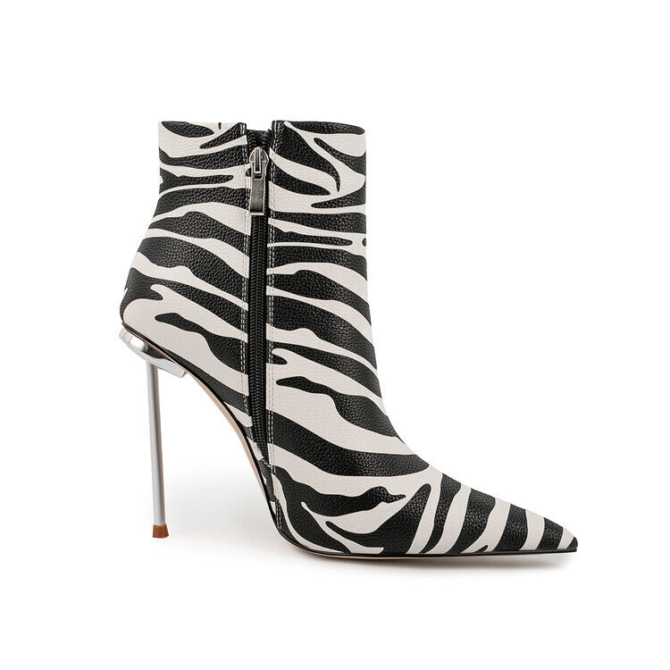 2025 European and American Pointed Fine Iron Zebra Pattern Fashion Boots