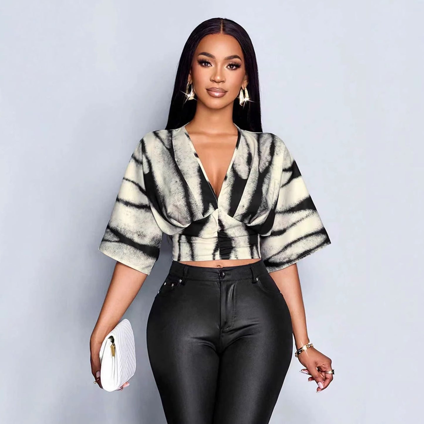 Cross-Border Amazon European and American Fashion Retro Trendy V-Neck Waist-Cinching Design Women's Slim-Fit Five-Quarter Sleeve Shirt for Spring and Summer