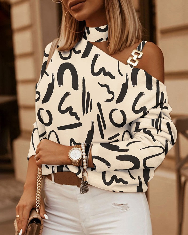2023 Independent Station wish Amazon Explosions Autumn and Winter Long Sleeve Chain Neck Printing Button Decorative Jacket for Women