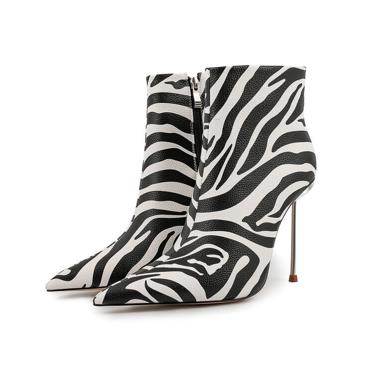 2025 European and American Pointed Fine Iron Zebra Pattern Fashion Boots