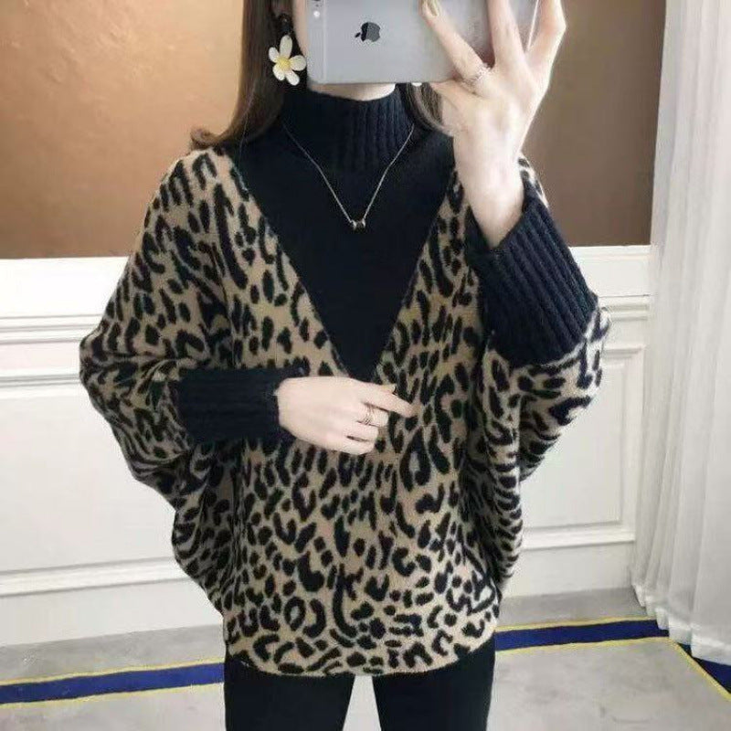 Dropshipping Autumn and Winter New Fashion Fake Two-Piece Sweater for Women, Loose, Slim and Thick, Lazy Style Bat-Sleeve Knitted