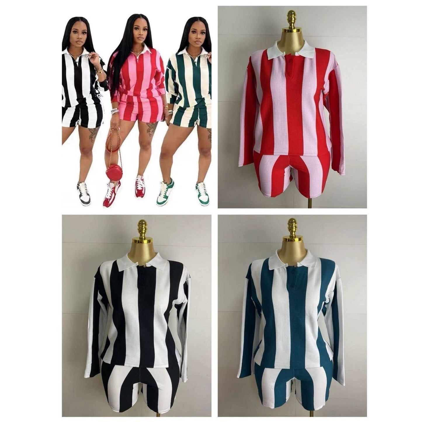 2025 Spring European and American Women's New Fashion Casual Striped Lapel Top High-Waisted Shorts Set