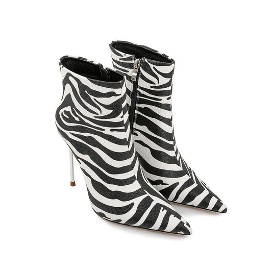 2025 European and American Pointed Fine Iron Zebra Pattern Fashion Boots