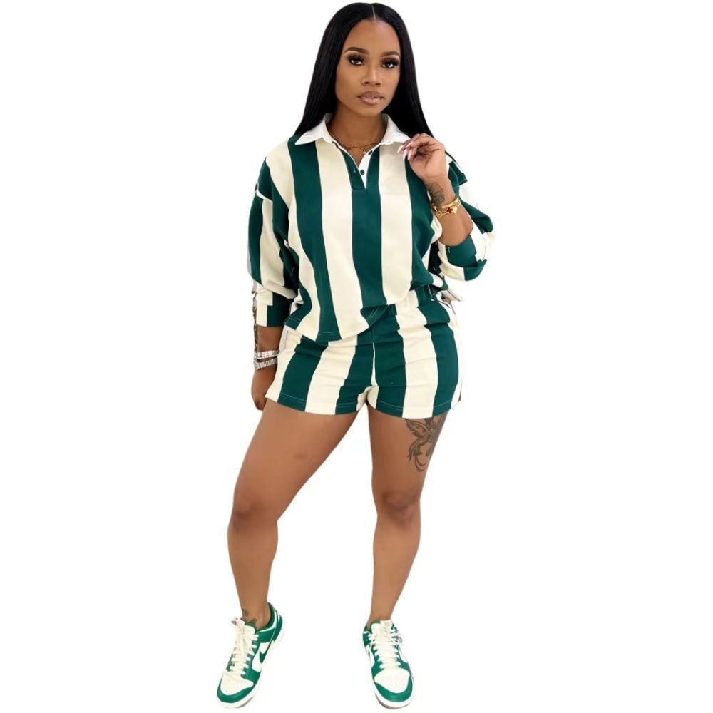 2025 Spring European and American Women's New Fashion Casual Striped Lapel Top High-Waisted Shorts Set