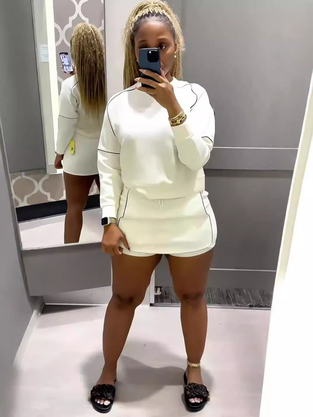 Y6052 European and American women's clothing 2024 autumn and winter new long sleeve sweater lace-up striped short pants skirt sports casual suit