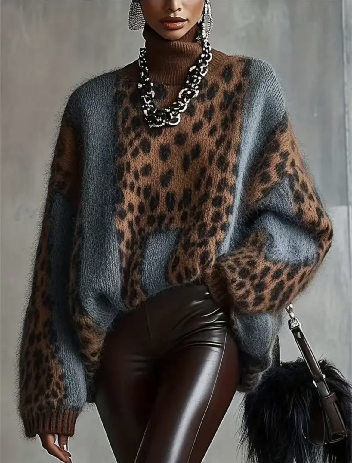 European and American Cross-Border Lazy Style Leopard Print Knitted Sweater for Women, Autumn and Winter Thickened Outerwear, Loose Retro Patchwork Top for Women