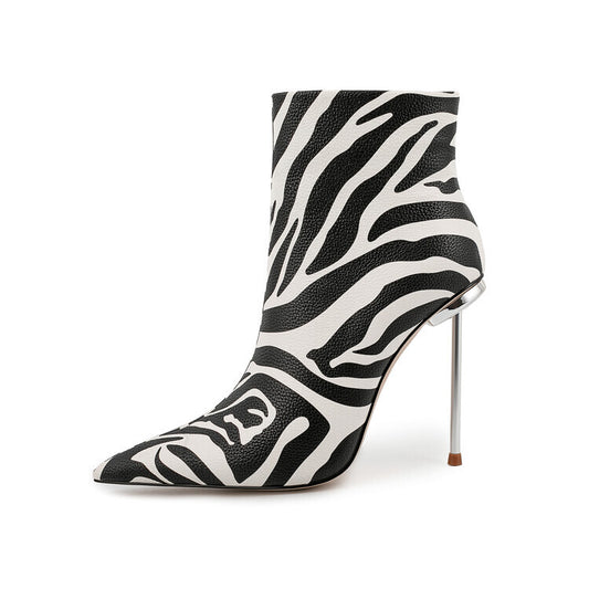 2025 European and American Pointed Fine Iron Zebra Pattern Fashion Boots