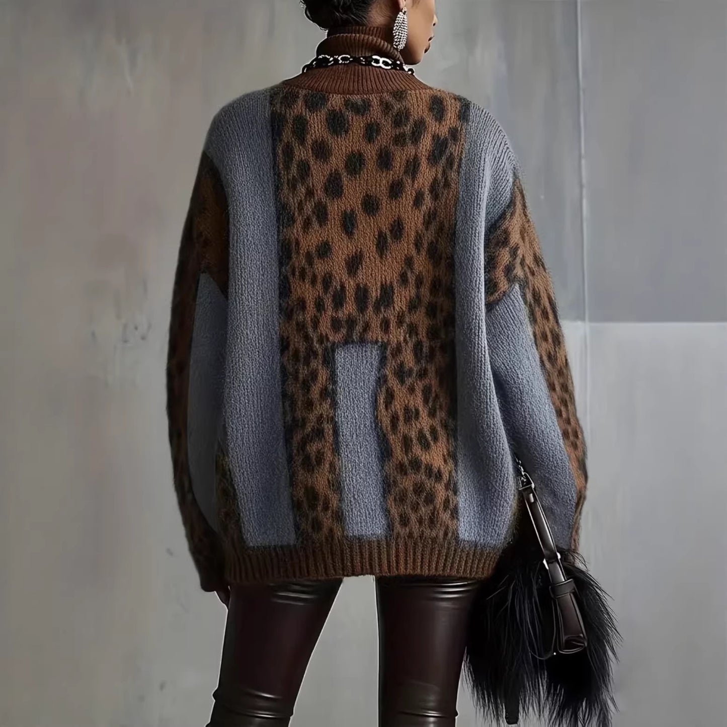 European and American Cross-Border Lazy Style Leopard Print Knitted Sweater for Women, Autumn and Winter Thickened Outerwear, Loose Retro Patchwork Top for Women