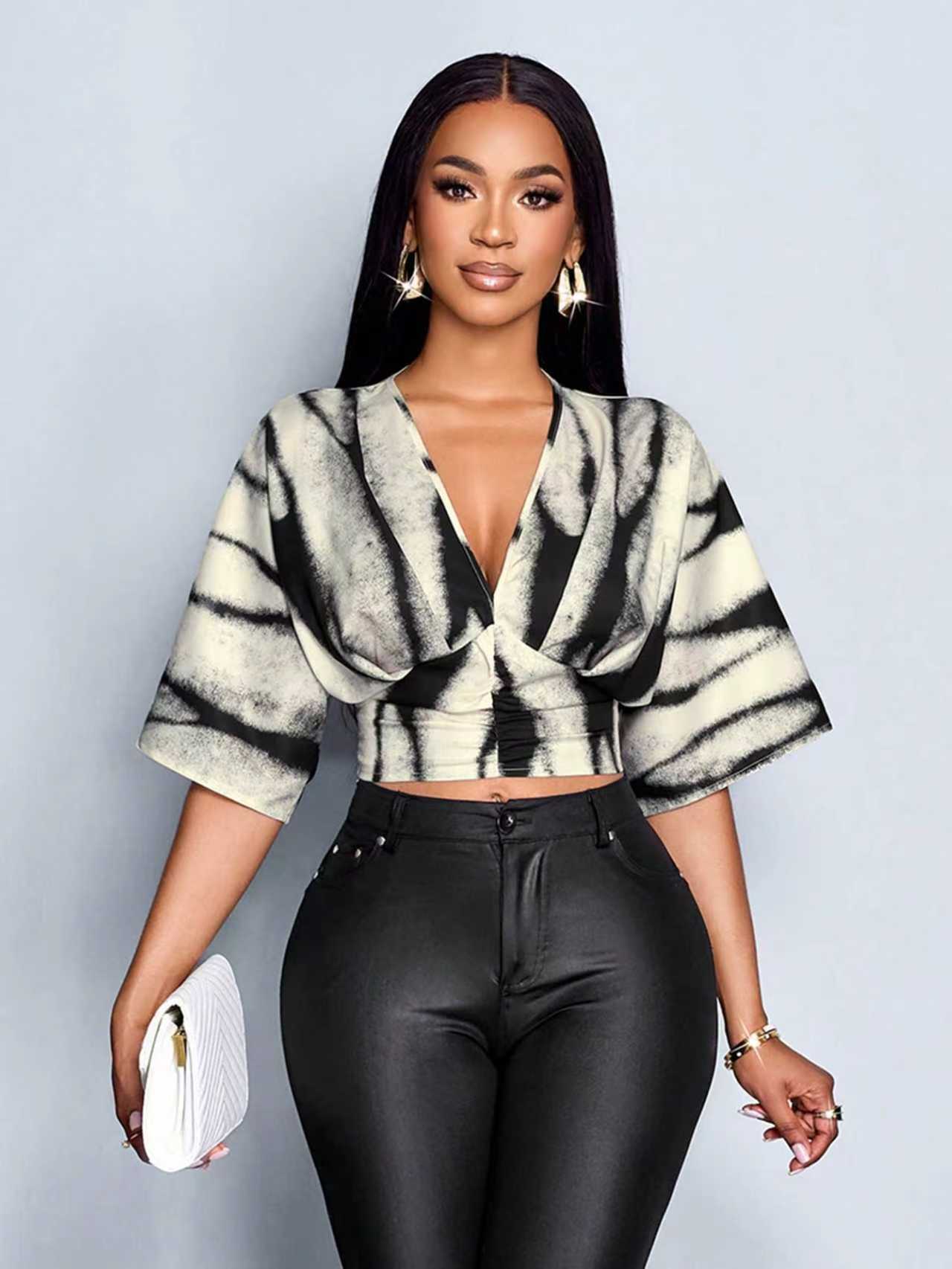 Cross-Border Amazon European and American Fashion Retro Trendy V-Neck Waist-Cinching Design Women's Slim-Fit Five-Quarter Sleeve Shirt for Spring and Summer