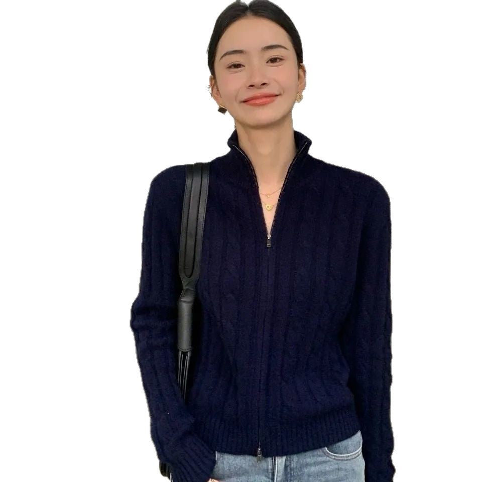 High-Neck Twist Zipper Design Niche Fashion Autumn Slimming Knitted Top