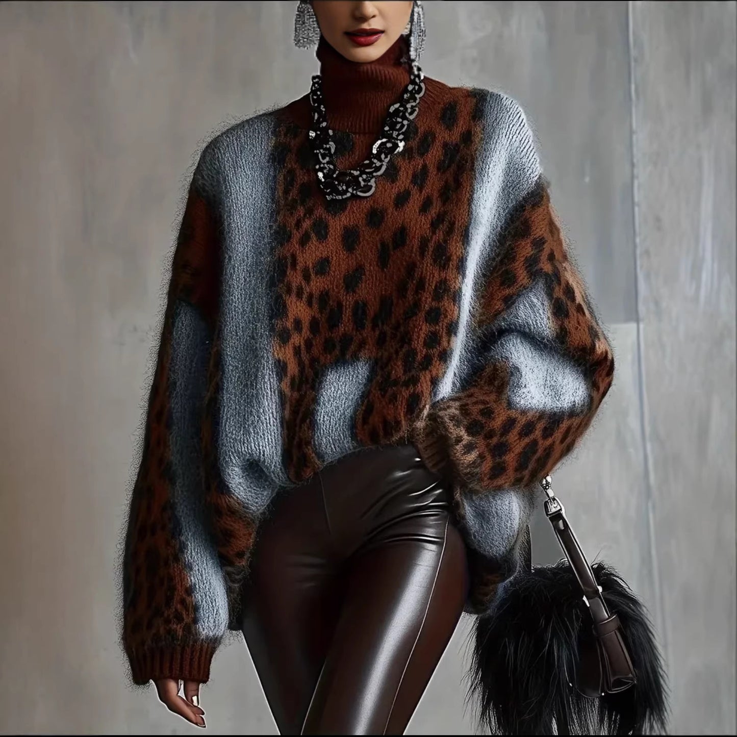 European and American Cross-Border Lazy Style Leopard Print Knitted Sweater for Women, Autumn and Winter Thickened Outerwear, Loose Retro Patchwork Top for Women