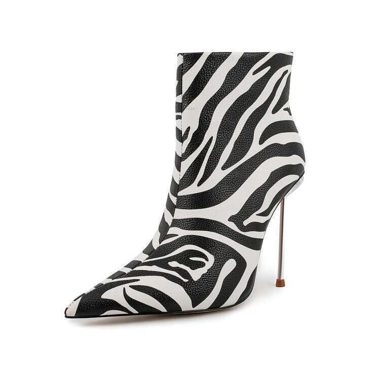2025 European and American Pointed Fine Iron Zebra Pattern Fashion Boots