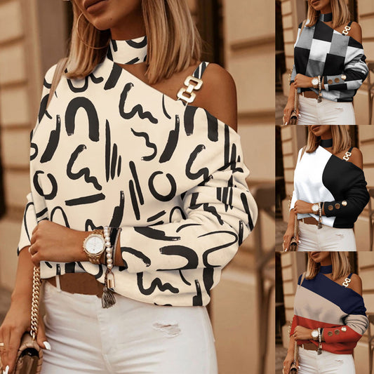 2023 Independent Station wish Amazon Explosions Autumn and Winter Long Sleeve Chain Neck Printing Button Decorative Jacket for Women