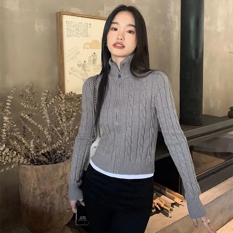 High-Neck Twist Zipper Design Niche Fashion Autumn Slimming Knitted Top