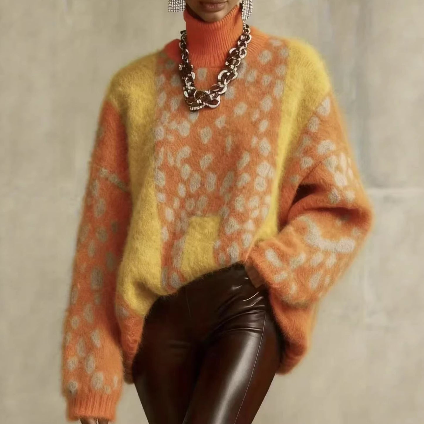 European and American Cross-Border Lazy Style Leopard Print Knitted Sweater for Women, Autumn and Winter Thickened Outerwear, Loose Retro Patchwork Top for Women