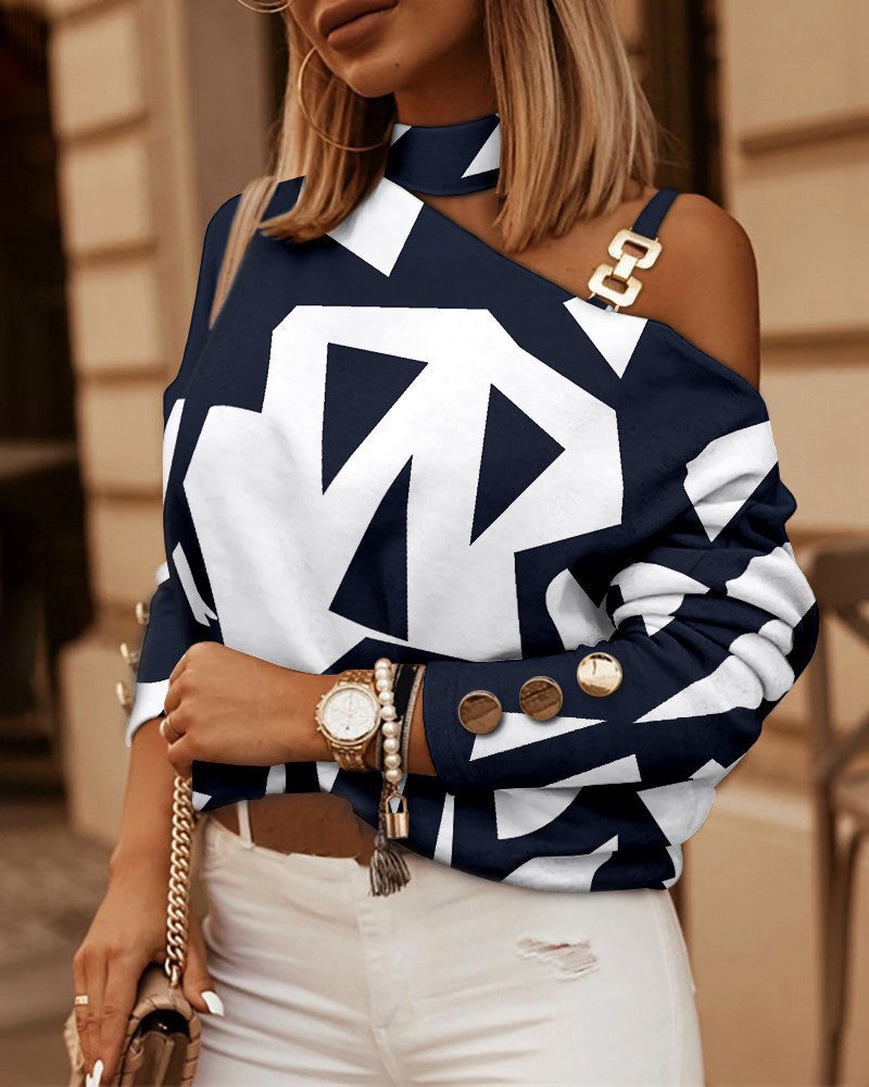 2023 Independent Station wish Amazon Explosions Autumn and Winter Long Sleeve Chain Neck Printing Button Decorative Jacket for Women