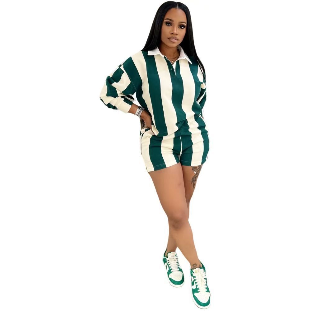 2025 Spring European and American Women's New Fashion Casual Striped Lapel Top High-Waisted Shorts Set