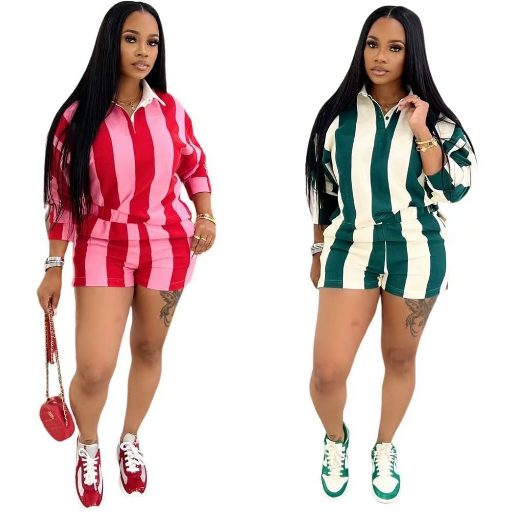2025 Spring European and American Women's New Fashion Casual Striped Lapel Top High-Waisted Shorts Set