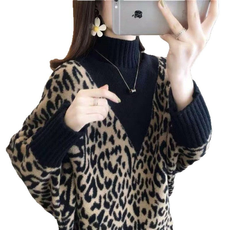 Dropshipping Autumn and Winter New Fashion Fake Two-Piece Sweater for Women, Loose, Slim and Thick, Lazy Style Bat-Sleeve Knitted