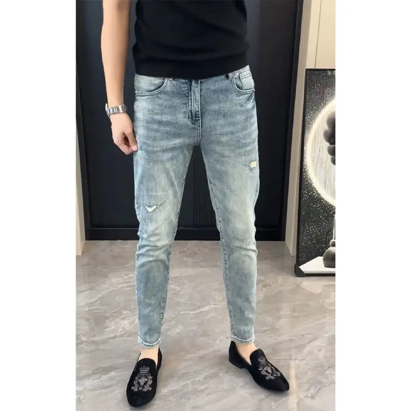 Summer New Slim-fit Men's Jeans Thin Brand Embroidery