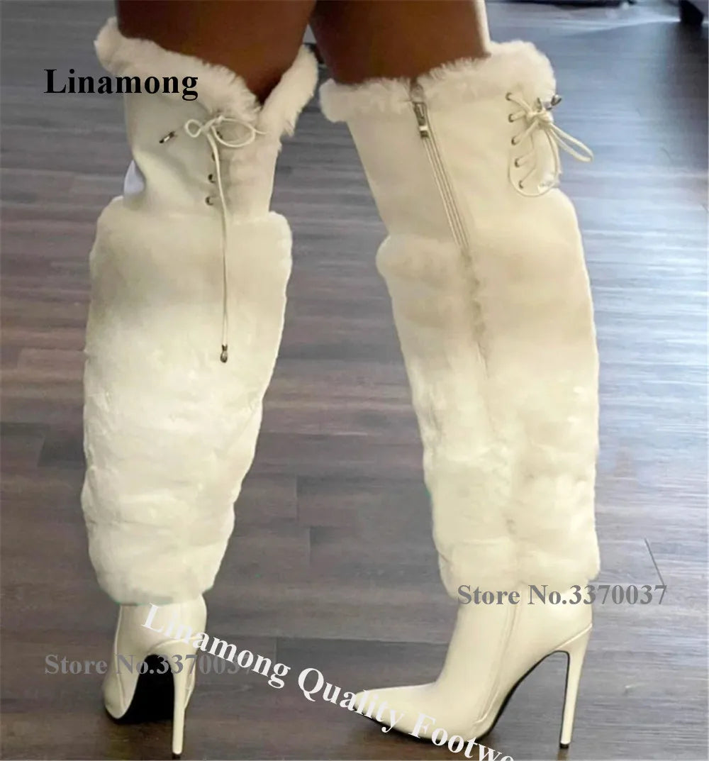 Linamong Warm Fur Patchwork Stiletto Heel Over Knee Boots Pointed Toe White Back Lace-up Thin Heel Long Boots Winter Boots