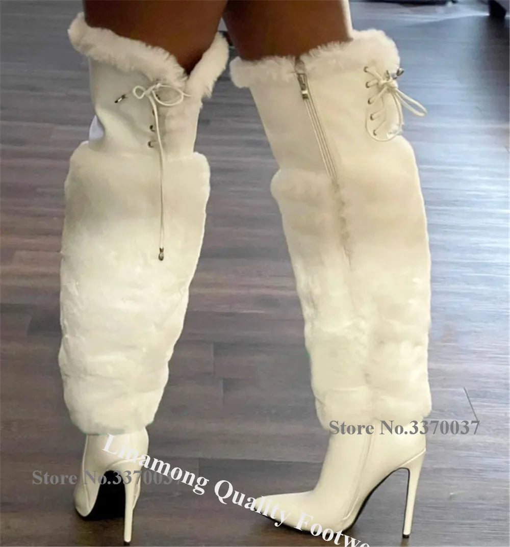 Linamong Warm Fur Patchwork Stiletto Heel Over Knee Boots Pointed Toe White Back Lace-up Thin Heel Long Boots Winter Boots