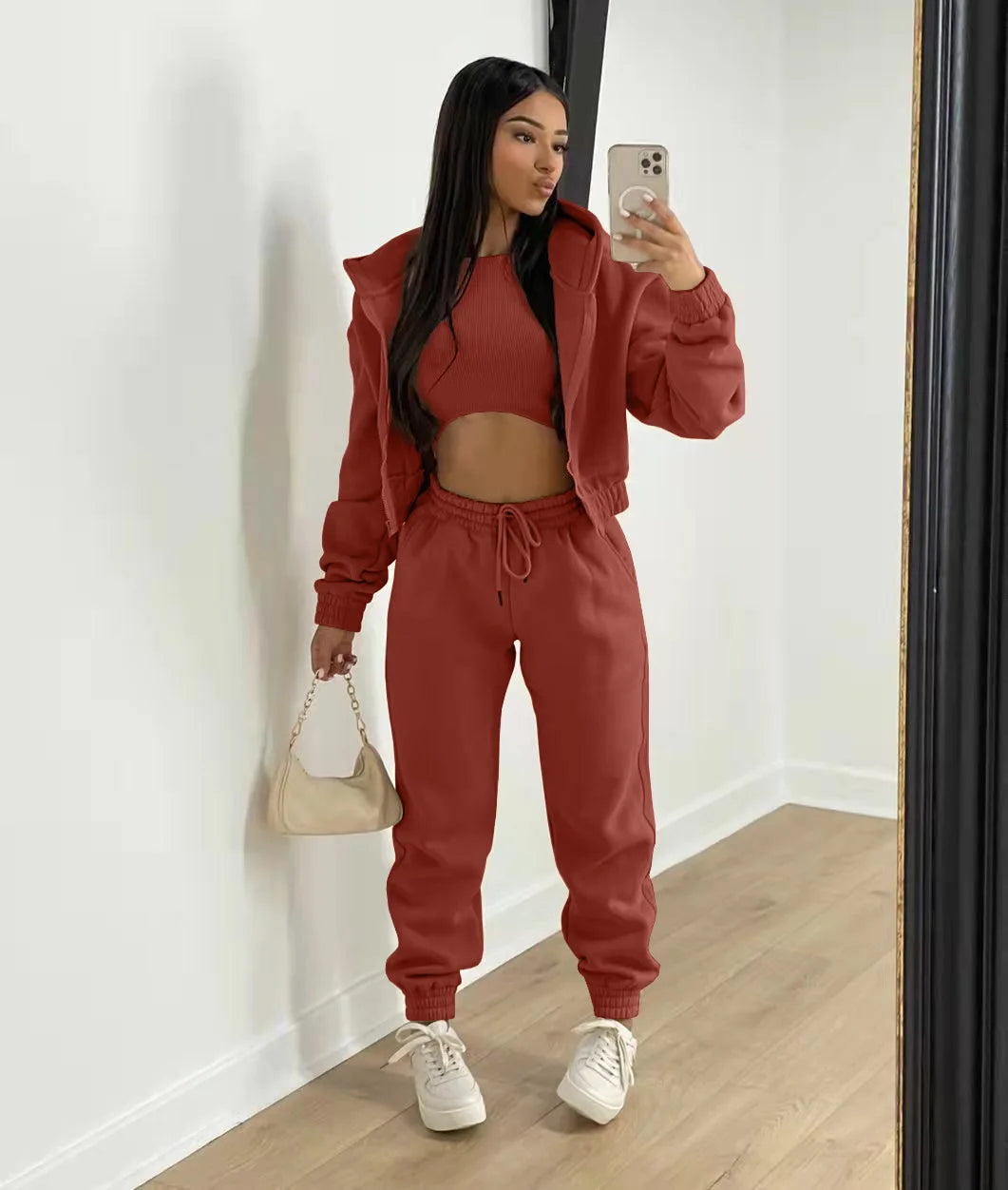 Women’s Premium 3-Piece Fleece-Lined Tracksuit Set – Hoodie, Tank Top & Sweatpants