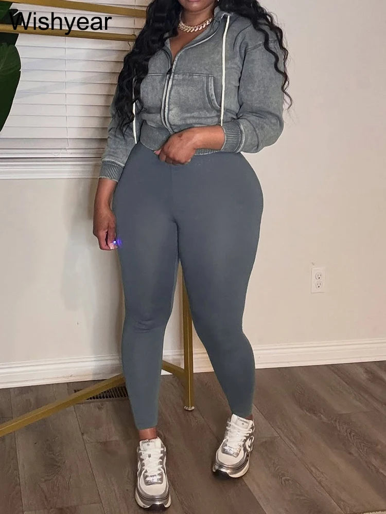 Women's Autumn Quality Washed Stretch Hooded 2-Piece Set Long Sleeve Jacket Crop Top with Leggings Warm Winter Outfit Sportswear