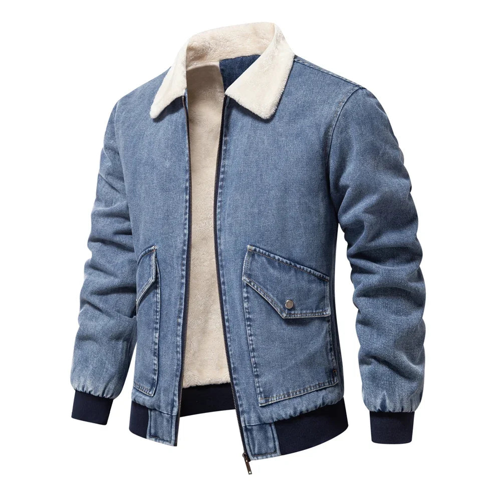 Men's Premium Fur Collar Denim Jacket – Warm Fleece-Lined Winter Coat