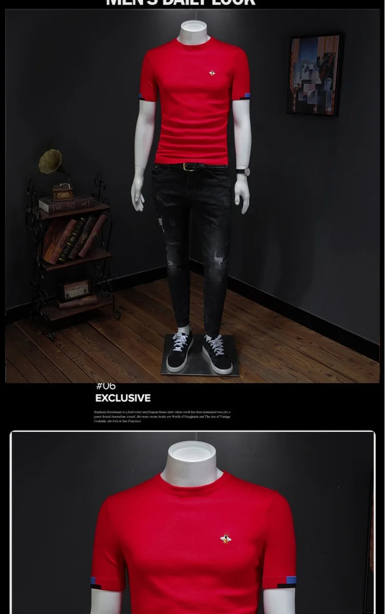 Men's Premium Bee Embroidered Short Sleeve T-Shirt – Soft Knit Casual Top
