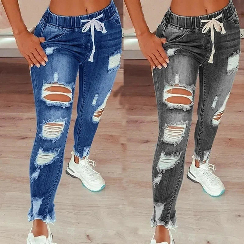 Vintage Blue Ripped Jeans Women Elastic Waist Drawstring Pencil Denim Jeans