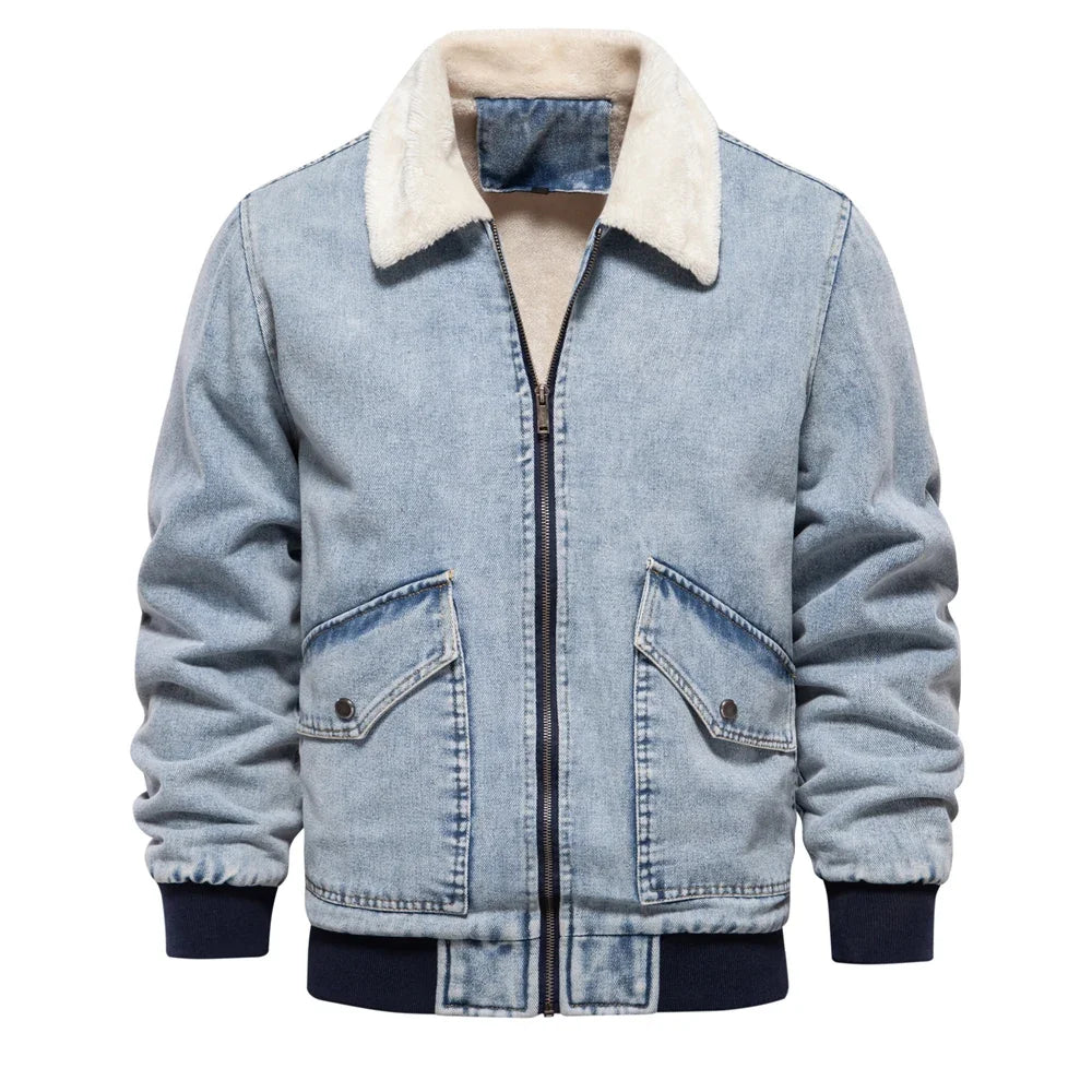 Men's Premium Fur Collar Denim Jacket – Warm Fleece-Lined Winter Coat