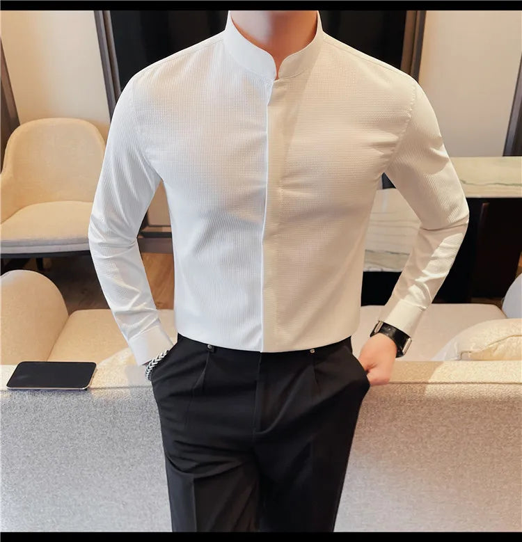 Men’s Luxury Stand Collar Shirt – Slim Fit Hidden Button Long Sleeve Business Casual Shirt