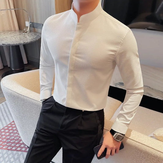 Men’s Luxury Stand Collar Shirt – Slim Fit Hidden Button Long Sleeve Business Casual Shirt