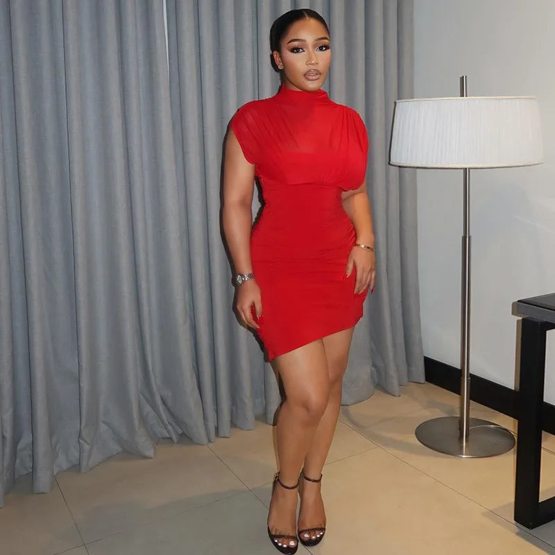 Turtleneck Short Sleeve Pleated Waistband Bodycon Hips Wrapped Mini Dress, Solid Color