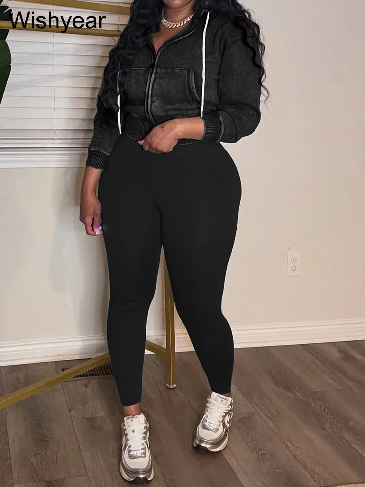 Women's Autumn Quality Washed Stretch Hooded 2-Piece Set Long Sleeve Jacket Crop Top with Leggings Warm Winter Outfit Sportswear