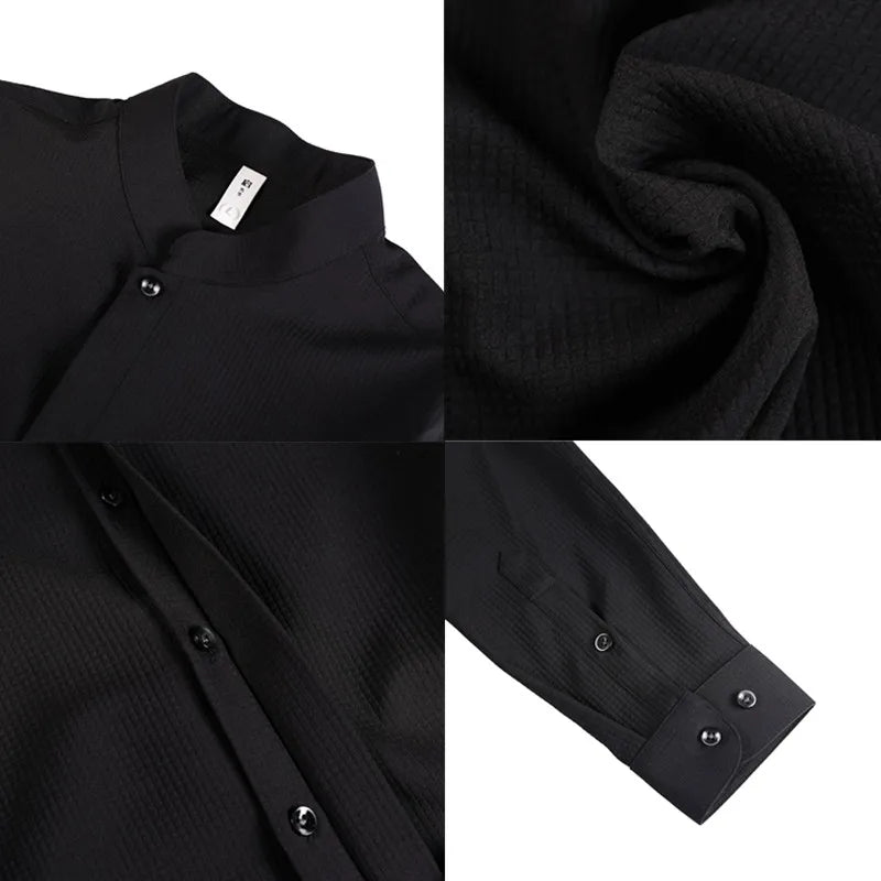 Men’s Luxury Stand Collar Shirt – Slim Fit Hidden Button Long Sleeve Business Casual Shirt