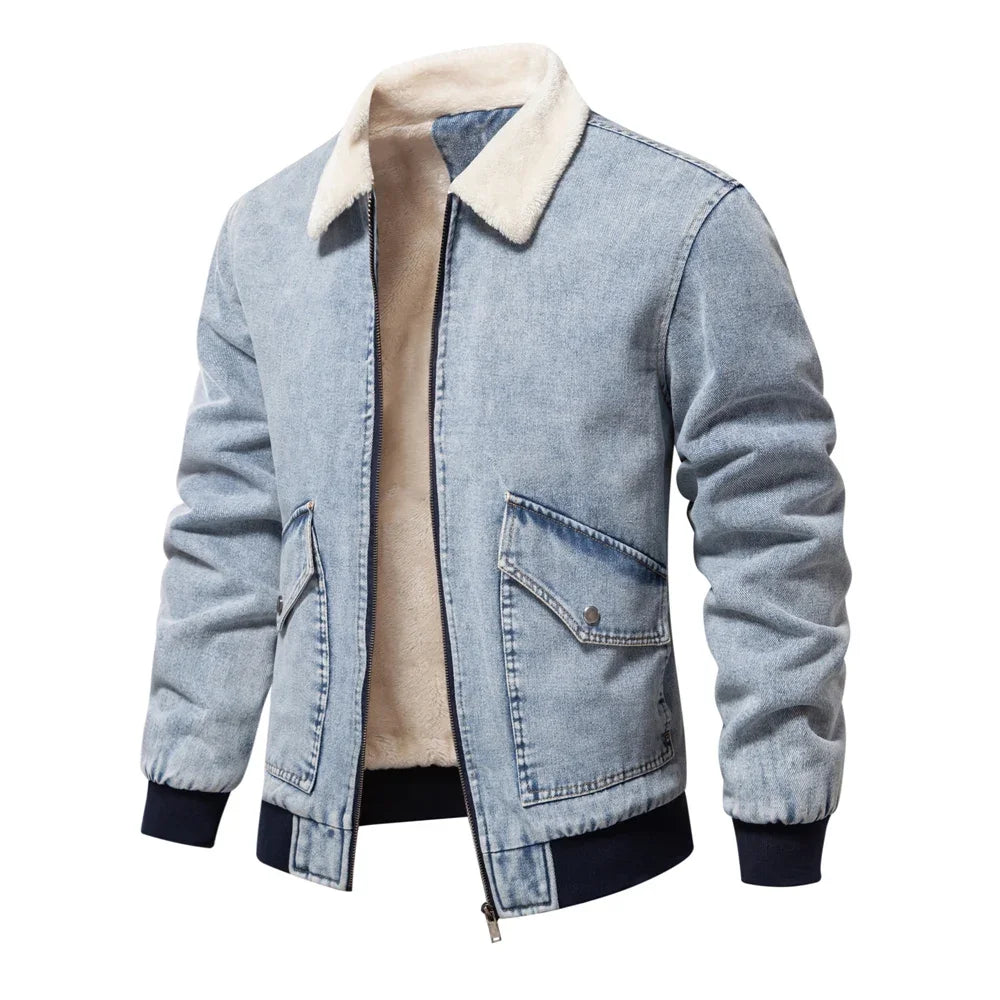 Men's Premium Fur Collar Denim Jacket – Warm Fleece-Lined Winter Coat