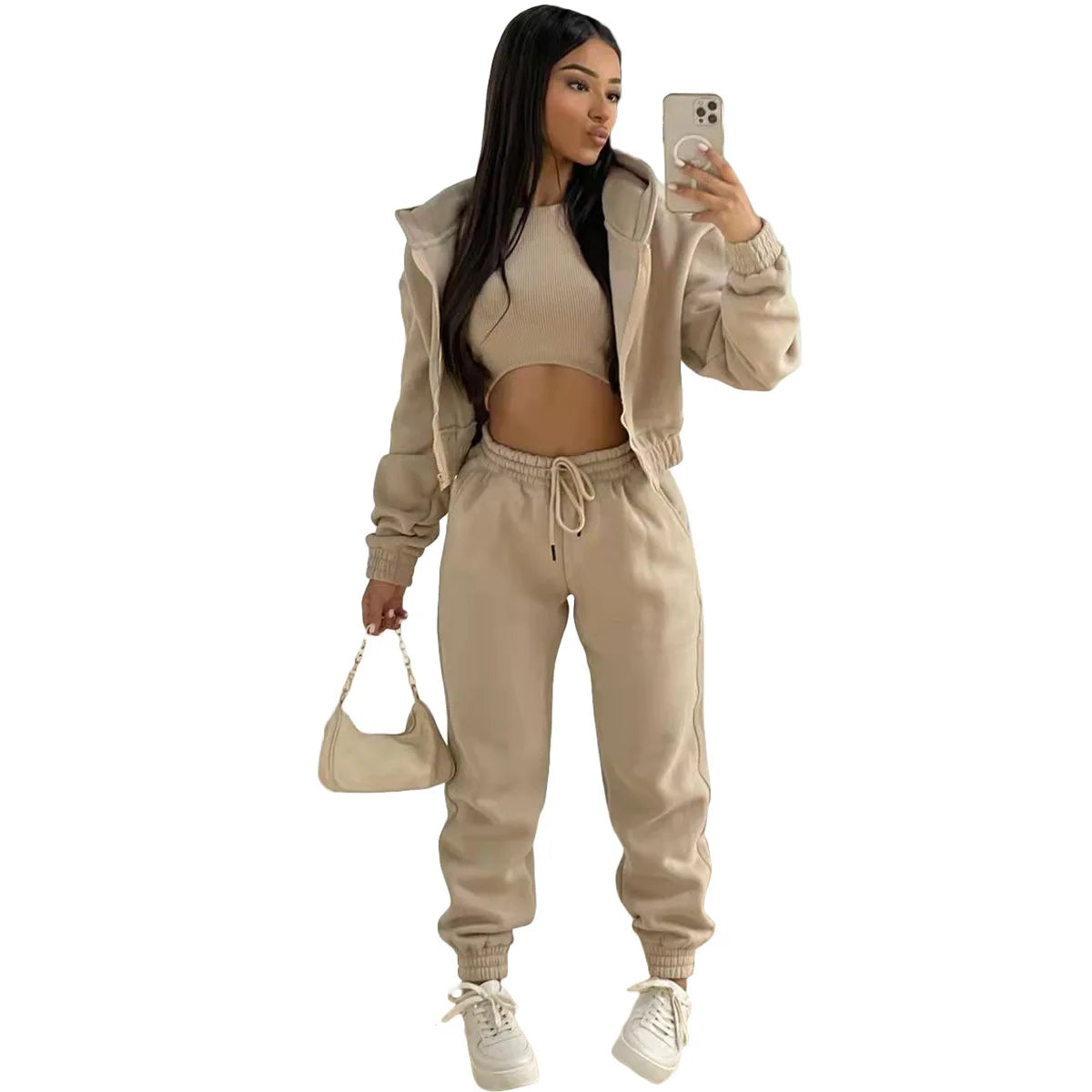 Women’s Premium 3-Piece Fleece-Lined Tracksuit Set – Hoodie, Tank Top & Sweatpants